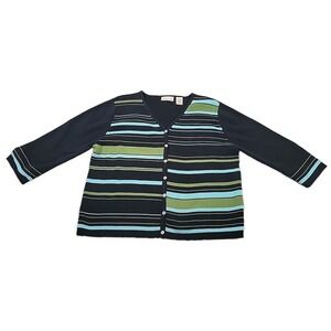 Apostrophe Button Up Cardigan  Size LG.  BLACK W/  BLUE/GREEN STRIPES 3/4 Sleeve